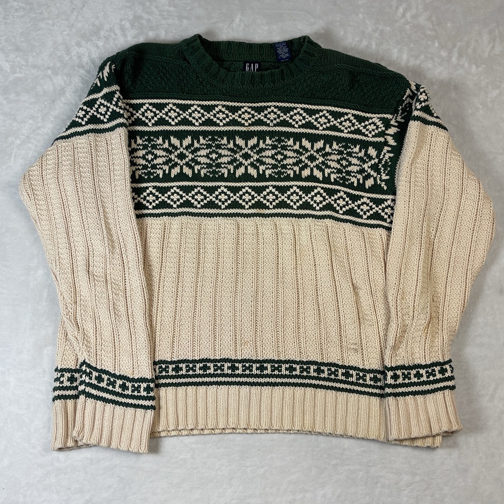 GAP Men's Fair Isle Nordic Sweater Green Cream Size XL 90s Cotton Knit
